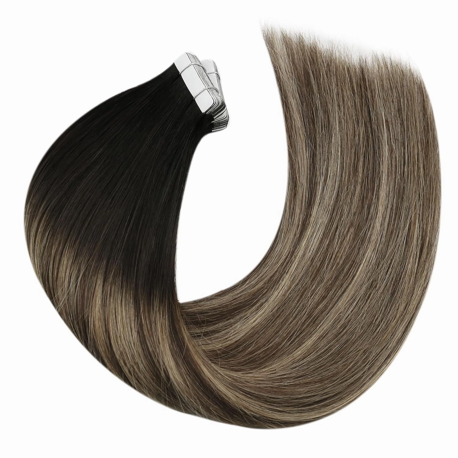 Moresoo Tape in Hair Extensions Ombre Human Hair Tape in Extensions Balayage Off Black to Brown Mix with Blonde Glue in Real Hair Extensions Human Hair Balayage 18 Inch #1B/3/27 20pcs 50g