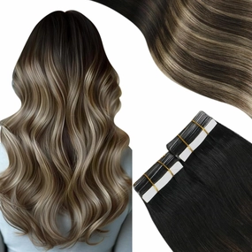 Moresoo Tape in Hair Extensions Ombre Human Hair Tape in Extensions Balayage Off Black to Brown Mix with Blonde Glue in Real Hair Extensions Human Hair Balayage 18 Inch #1B/3/27 20pcs 50g