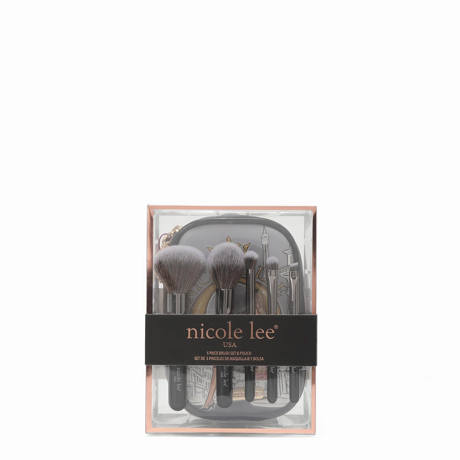 Nicole Lee Cosmetic 5 Makeup Brushes Set Organizer with Fashion Print Pouch, Small Travel (Dreaming the City)