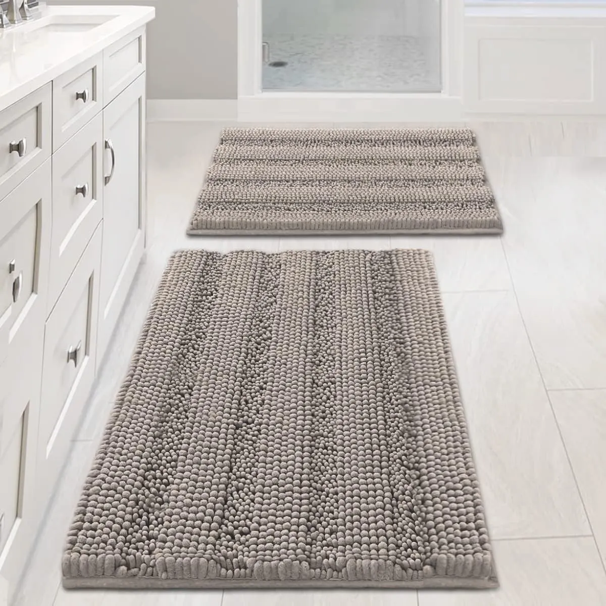 Non Slip Thick Shaggy Chenille Bathroom Rug Mat Set Extra Soft and Absorbent Striped Floor Rugs, 2 Piece, Machine-Washable