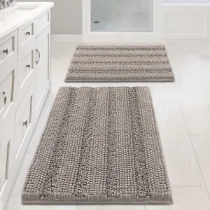 Non Slip Thick Shaggy Chenille Bathroom Rug Mat Set Extra Soft and Absorbent Striped Floor Rugs, 2 Piece, Machine-Washable