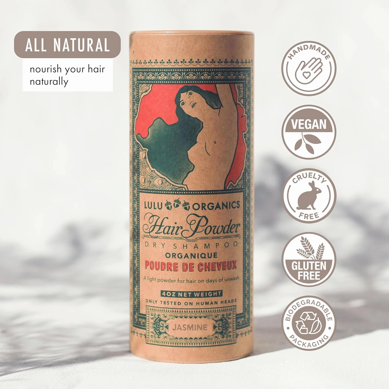 Non Aerosol Dry Shampoo Powder for Dark, Blonde and Oily Hair, All Natural Organic Hair and Body Powder, Paraben &Talc free No White Cast Synthetic Fragrance, Jasmine - 4oz