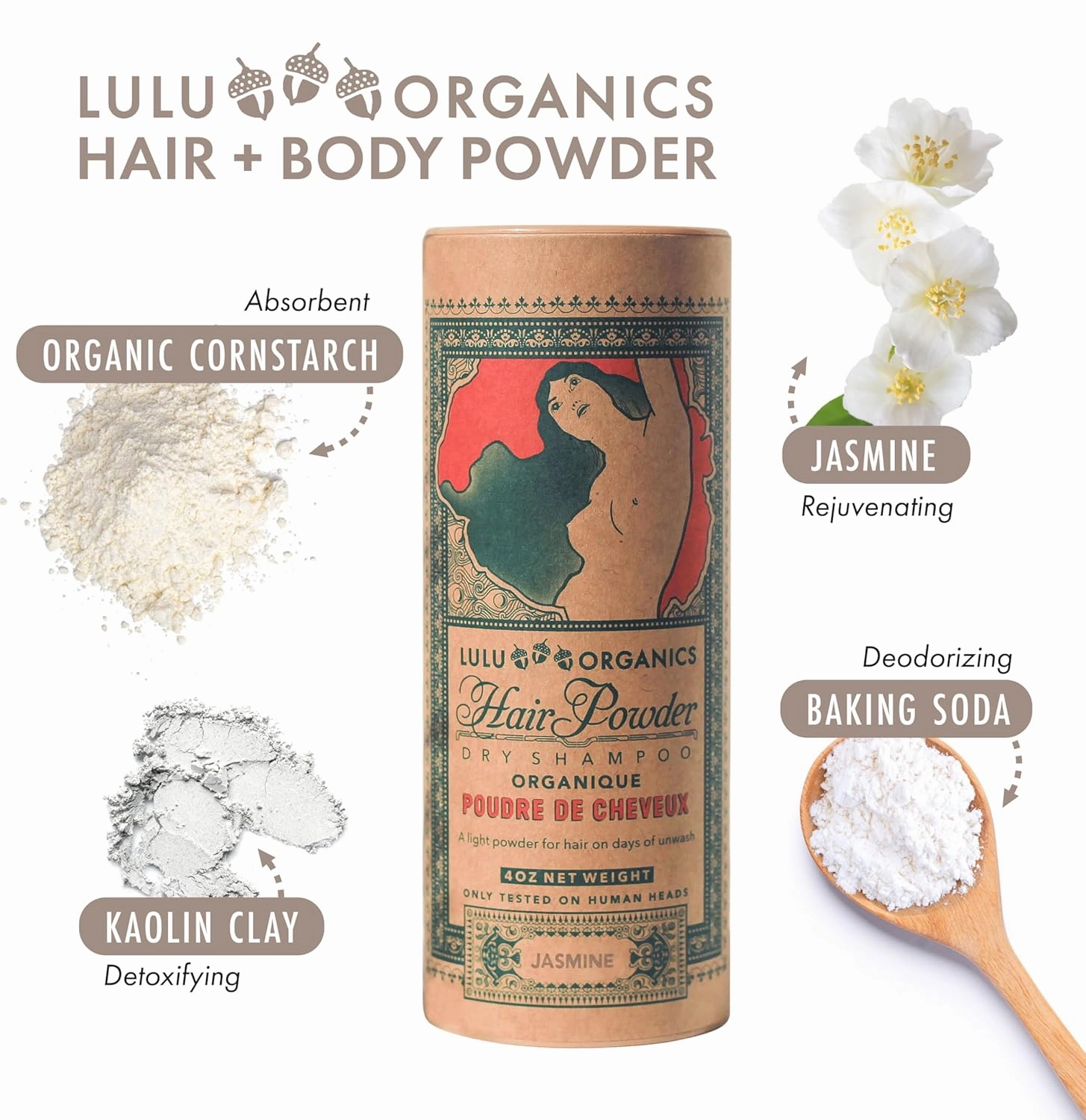 Non Aerosol Dry Shampoo Powder for Dark, Blonde and Oily Hair, All Natural Organic Hair and Body Powder, Paraben &Talc free No White Cast Synthetic Fragrance, Jasmine - 4oz