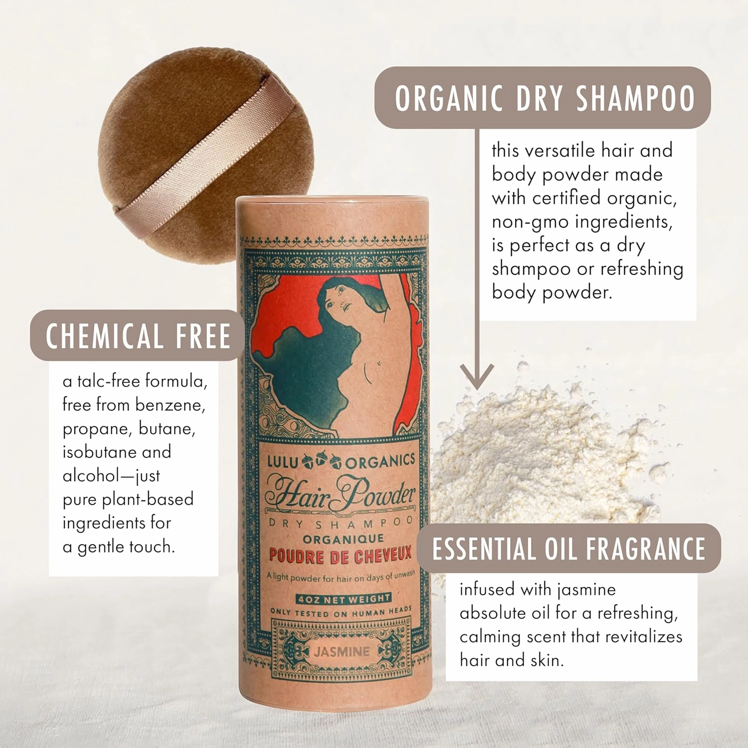 Non Aerosol Dry Shampoo Powder for Dark, Blonde and Oily Hair, All Natural Organic Hair and Body Powder, Paraben &Talc free No White Cast Synthetic Fragrance, Jasmine - 4oz
