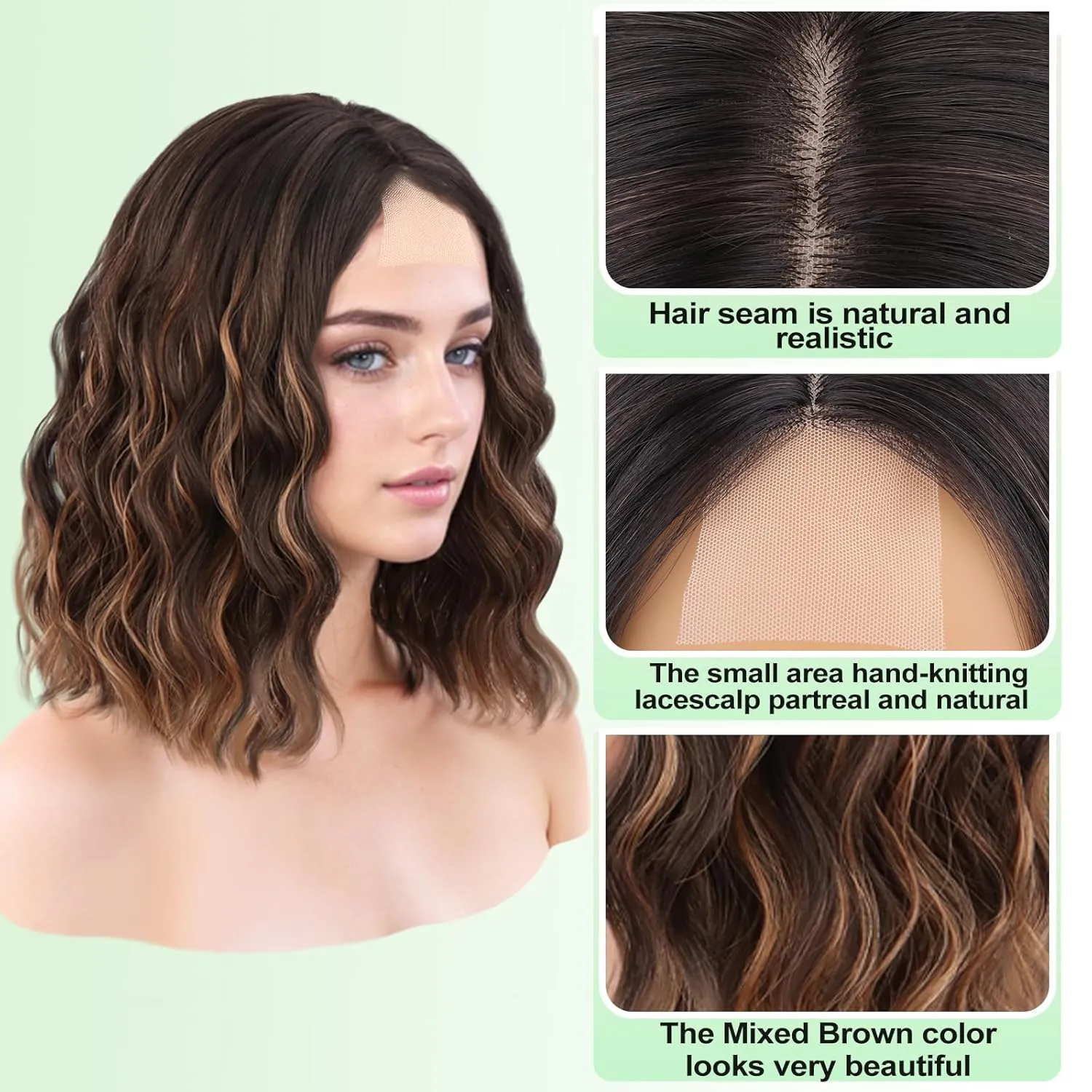 NOSTALGIA Brown Wavy Wig for Women Short Curly Brown Blonde Bob Wig 14" Shoulder Length Middle Part Synthetic Heat Resistant Wig for Daily Party Use