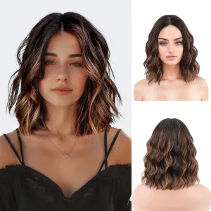 NOSTALGIA Brown Wavy Wig for Women Short Curly Brown Blonde Bob Wig 14" Shoulder Length Middle Part Synthetic Heat Resistant Wig for Daily Party Use
