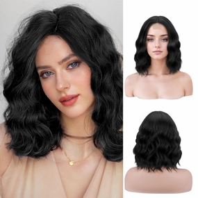 NOSTALGIA Black Wavy Wigs For Black Women Short Wavy Brown Bob Wig Synthetic Middle Part Curly Wavy Bob Natural Looking Wigs for Daily Party Use