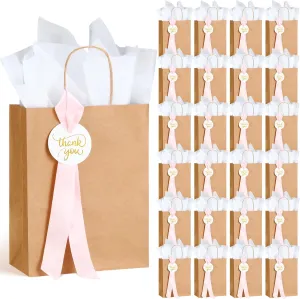 Noveread 25 Sets Wedding Thank You Gift Bags with Blush Ribbon Thank You Cards White Tissue Paper 8.3 x 4.3 x 10.6 Inch Kraft Paper Gift Bags with Handles for Wedding Bridal Birthday Guest Party Favor