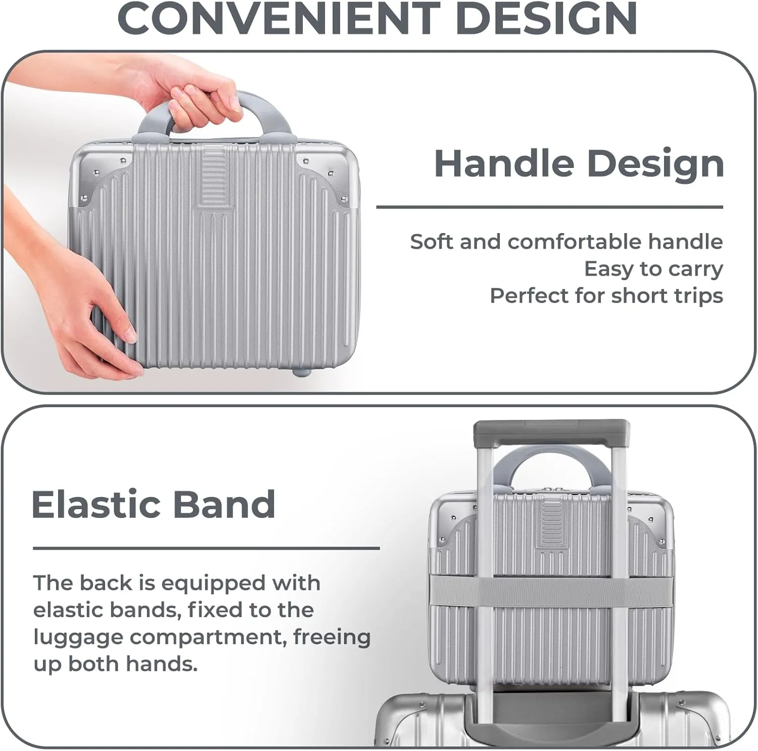 Noverlife 14 Inch Hard Shell Cosmetic Case, Small Hard Case Makeup Travel Case with Elastic Band ABS Carrying Suitcase, Mini Carrying Makeup Suitcase Small Travel Hand Luggage Organizer - Silver