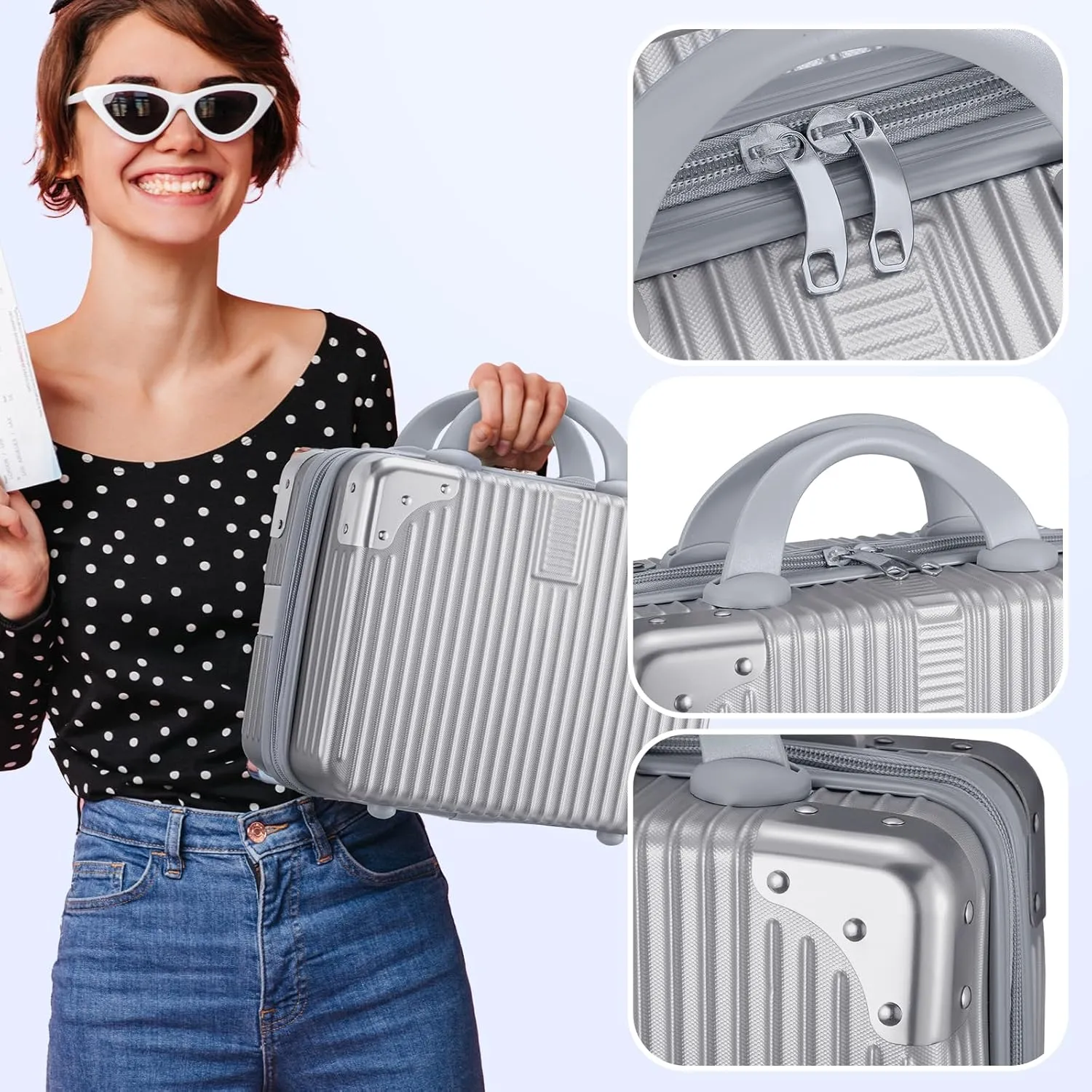 Noverlife 14 Inch Hard Shell Cosmetic Case, Small Hard Case Makeup Travel Case with Elastic Band ABS Carrying Suitcase, Mini Carrying Makeup Suitcase Small Travel Hand Luggage Organizer - Silver