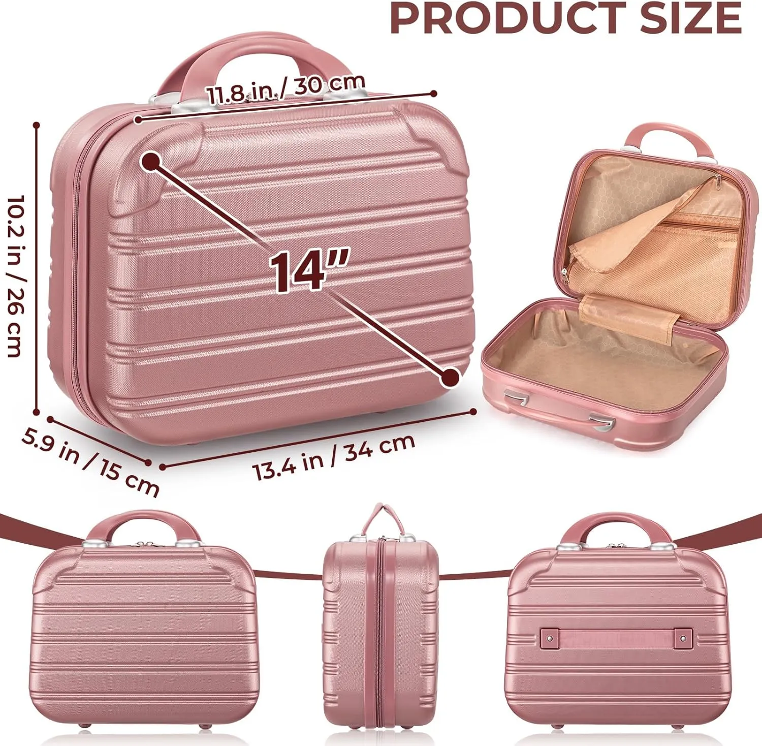 Noverlife 14in Hard Shell Makeup Travel Case, Portable Cosmetic Train Case with Elastic Band, Pressure-proof ABS Carrying Makeup Suitcase, Cosmetic Travel Hand Luggage Bag Organizer - Rose Gold