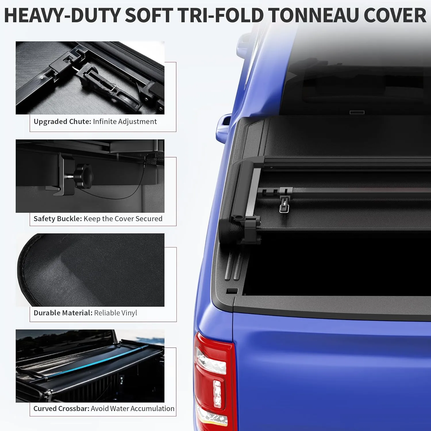 oEdRo Soft Tri-fold Truck Bed Tonneau Cover Compatible with 2016-2023 Toyota Tacoma with 5ft Bed, Fleetside with Track Rail System(Excl. Trail)