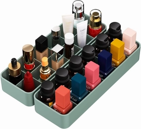 Organizer Holder for Lipstick Nail Polish: Lip Gloss Makeup Storage Drawer Organizers, Vanity Small Perfume Rack Plastic Tray Lipgloss Mascara Holders Stand Cosmetic Display Case 24 Spaces, Green