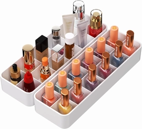 Organizer Holder for Lipstick Nail Polish: Lip Gloss Makeup Storage Drawer Organizers, Vanity Small Perfume Rack Plastic Tray Lipgloss Mascara Holders Stand Cosmetic Display Case 24 Spaces, White
