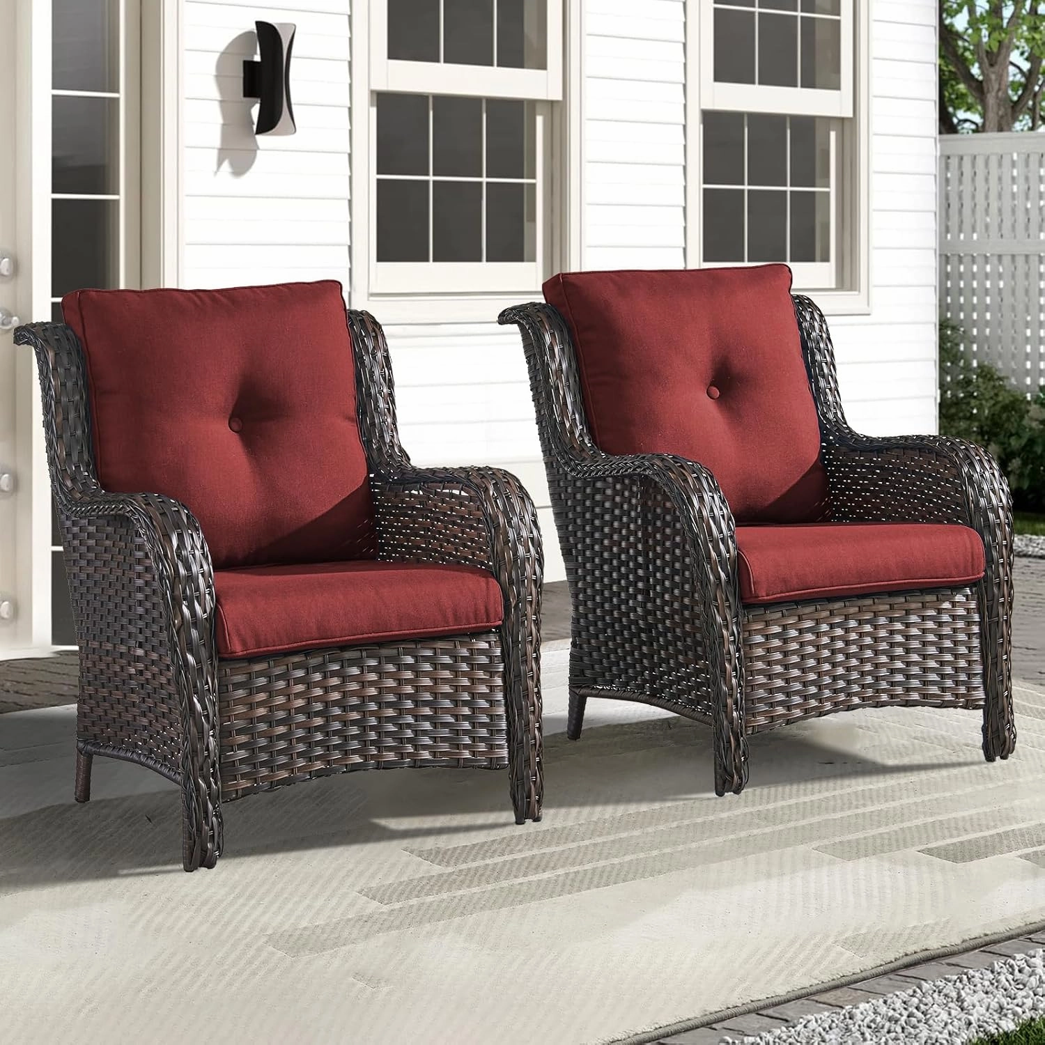 Outdoor Wicker Chair Rattan Patio Dining Chairs Set of 2 PE Wicker Patio Chairs with 4inch Seat Cushions Outdoor Patio Seating Chair for Garden, Backyard Deck