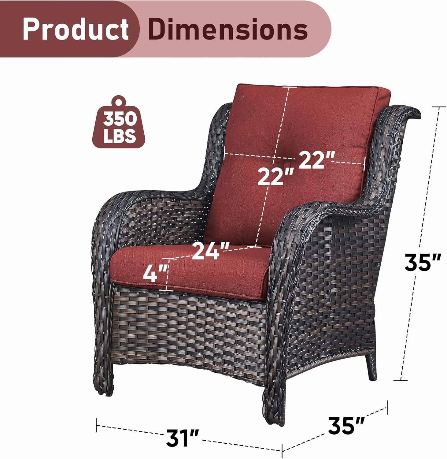 Outdoor Wicker Chair Rattan Patio Dining Chairs Set of 2 PE Wicker Patio Chairs with 4inch Seat Cushions Outdoor Patio Seating Chair for Garden, Backyard Deck