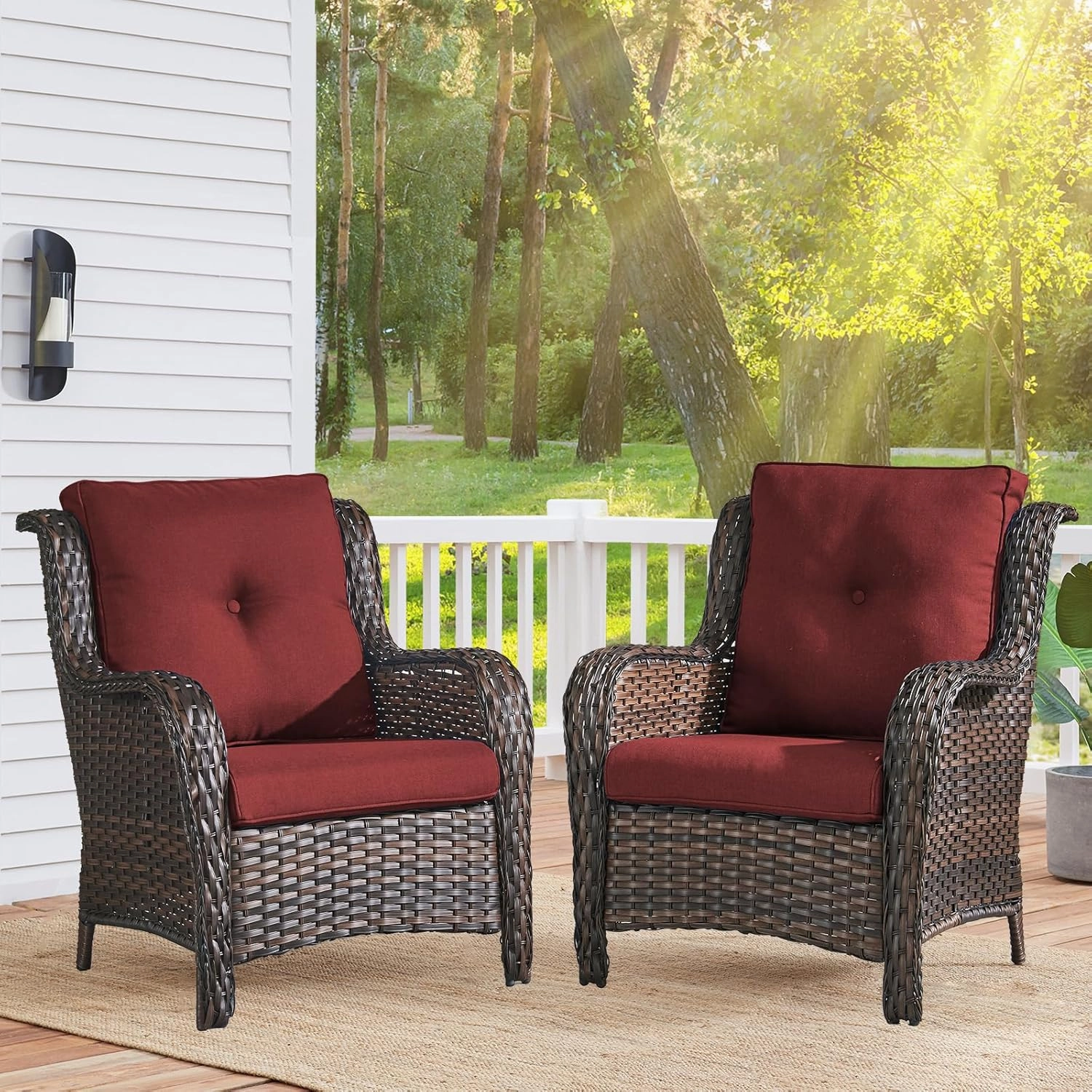 Outdoor Wicker Chair Rattan Patio Dining Chairs Set of 2 PE Wicker Patio Chairs with 4inch Seat Cushions Outdoor Patio Seating Chair for Garden, Backyard Deck