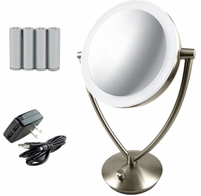 Ovente 8" Lighted Tabletop Makeup Mirror with 1X/10X Magnification, Double-Sided Magnifying Vanity Mirror, Dimmable LED Lights, 360° Swivel Design and Dual Power Supply, Nickel Brushed MLT75BR1X10X