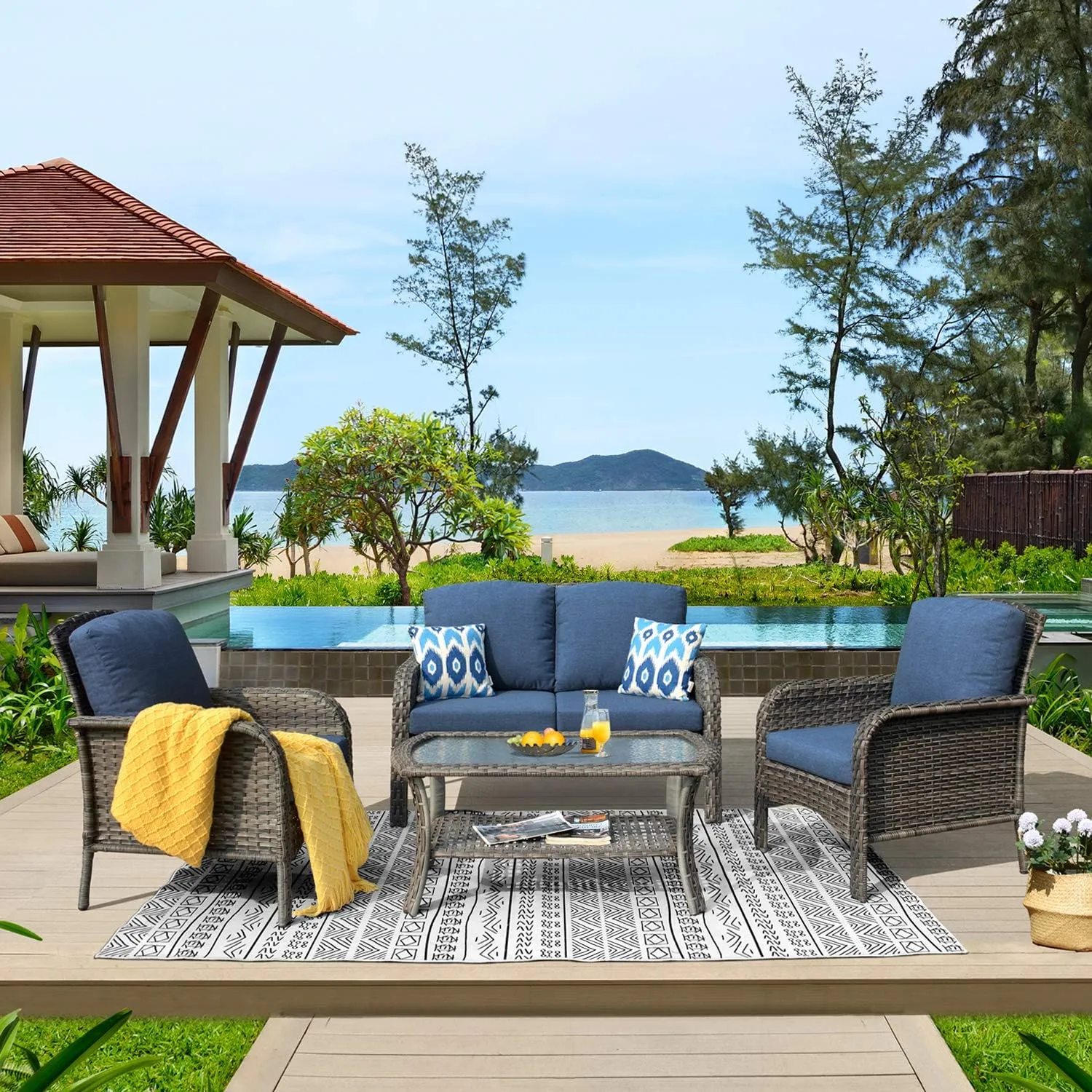 ovios 4 Pieces Patio Furniture Set, Outdoor Wicker Sofa with Coffee Table, Chairs, All Weather High Back Rattan Loveseat Couch with Comfy Cushions, Denim Blue