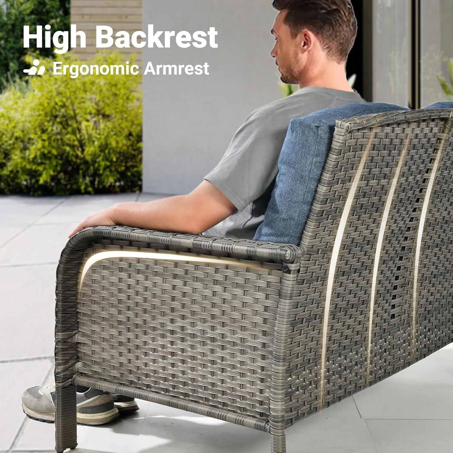 ovios 4 Pieces Patio Furniture Set, Outdoor Wicker Sofa with Coffee Table, Chairs, All Weather High Back Rattan Loveseat Couch with Comfy Cushions, Denim Blue