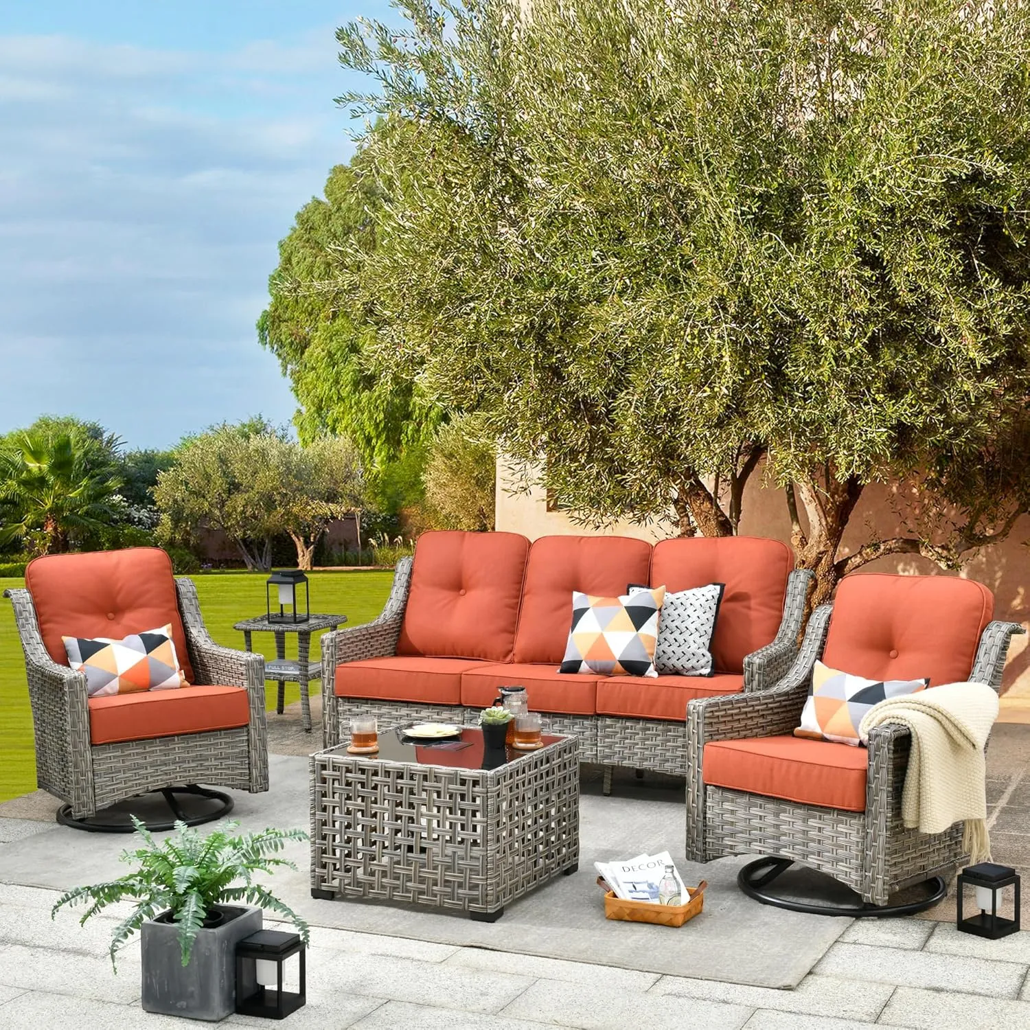 Patio Furniture,All Weather Wicker 5 PCS Outdoor Sofa with High Back Swivel Rocker Chairs,Conversation Set with Solar Powered Coffee Table,Grey Rattan Red Cushion