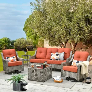 Patio Furniture,All Weather Wicker 5 PCS Outdoor Sofa with High Back Swivel Rocker Chairs,Conversation Set with Solar Powered Coffee Table,Grey Rattan Red Cushion