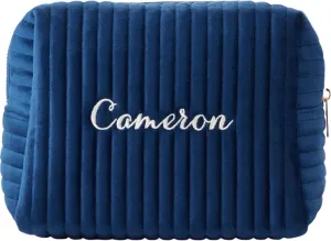 Personalization Universe Classic Velvet Personalized Makeup Bag - Embroidered Custom Name - Travel Essentials Cosmetic Bag - Gold Zipper - Waterproof Lining, 8.7" L x 5" W x 6.3" H, Large Navy