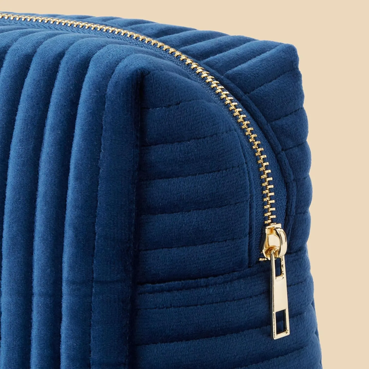 Personalization Universe Classic Velvet Personalized Makeup Bag - Embroidered Custom Name - Travel Essentials Cosmetic Bag - Gold Zipper - Waterproof Lining, 8.7" L x 5" W x 6.3" H, Large Navy