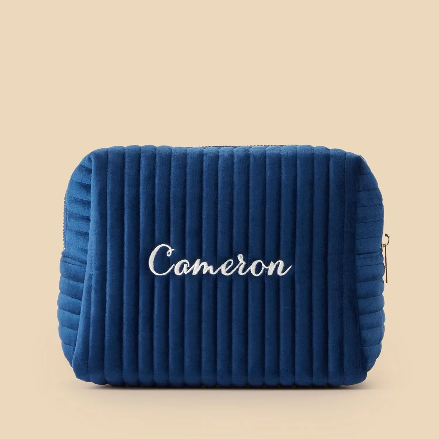 Personalization Universe Classic Velvet Personalized Makeup Bag - Embroidered Custom Name - Travel Essentials Cosmetic Bag - Gold Zipper - Waterproof Lining, 8.7" L x 5" W x 6.3" H, Large Navy