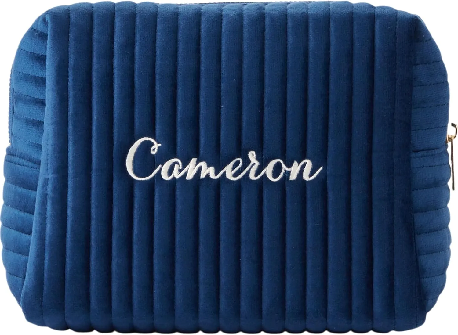 Personalization Universe Classic Velvet Personalized Makeup Bag - Embroidered Custom Name - Travel Essentials Cosmetic Bag - Gold Zipper - Waterproof Lining, 8.7" L x 5" W x 6.3" H, Large Navy