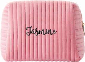 Personalization Universe Classic Velvet Personalized Makeup Bag - Embroidered Custom Name - Travel Essentials Cosmetic Bag - Gold Zipper - Waterproof Lining, 8.7" L x 5" W x 6.3" H, Large Mauve
