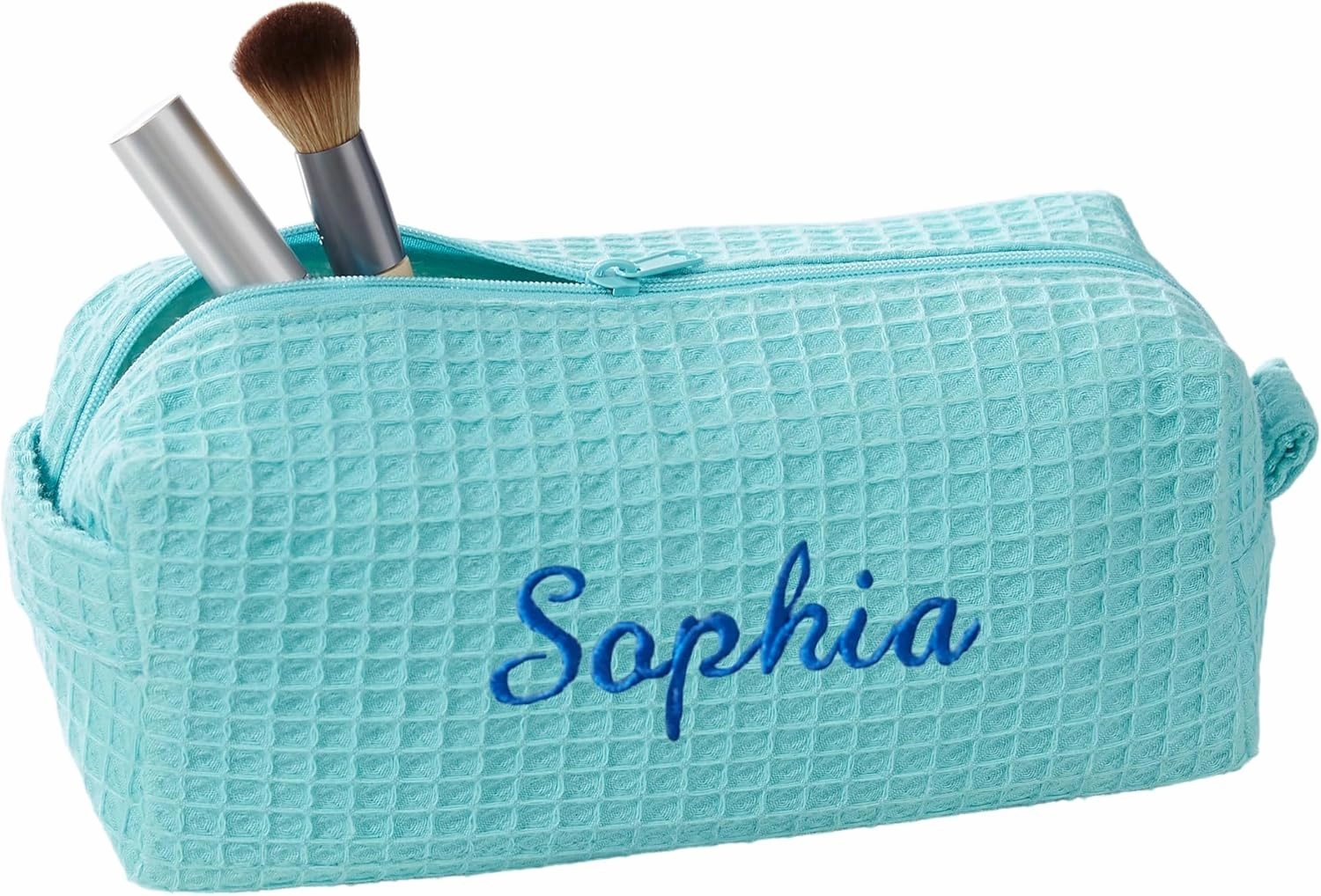 Personalization Universe Personalized Ladies Embroidered Makeup Bag - Waffle Weave, Machine Washable, Custom Name/Initial - Great Bridesmaid & Birthday Gift - Travel/Cosmetic Bag - Mint