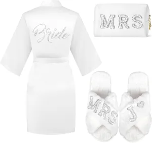 Personalized Initial Wedding Bride Slippers Robe Cosmetic Bag, Bride to Be Gift, Bridal Shower Gift, MRS Makeup Bag