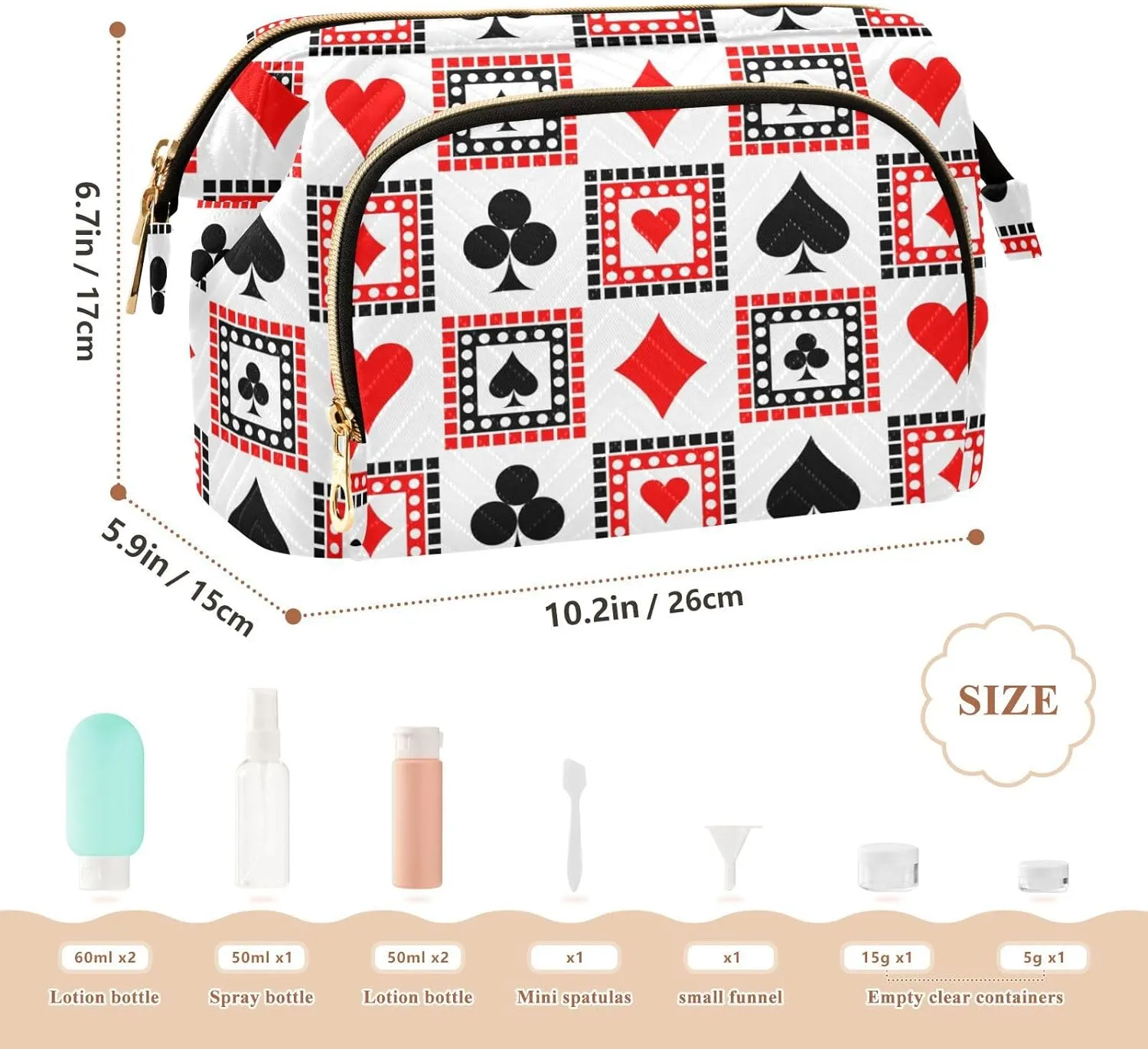 Playing Cards Bright Red Black White Symmetrical Geometric Women Cosmetic Bag Makeup Bag Stylish Trip Beauty Bag Travel Toiletry Bag with Bottle Organizer 10.2 x 5.9 x 6.7 inch