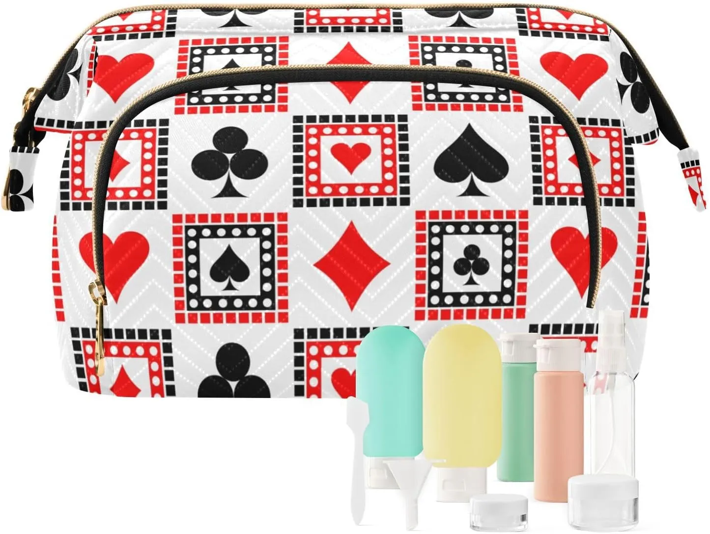 Playing Cards Bright Red Black White Symmetrical Geometric Women Cosmetic Bag Makeup Bag Stylish Trip Beauty Bag Travel Toiletry Bag with Bottle Organizer 10.2 x 5.9 x 6.7 inch