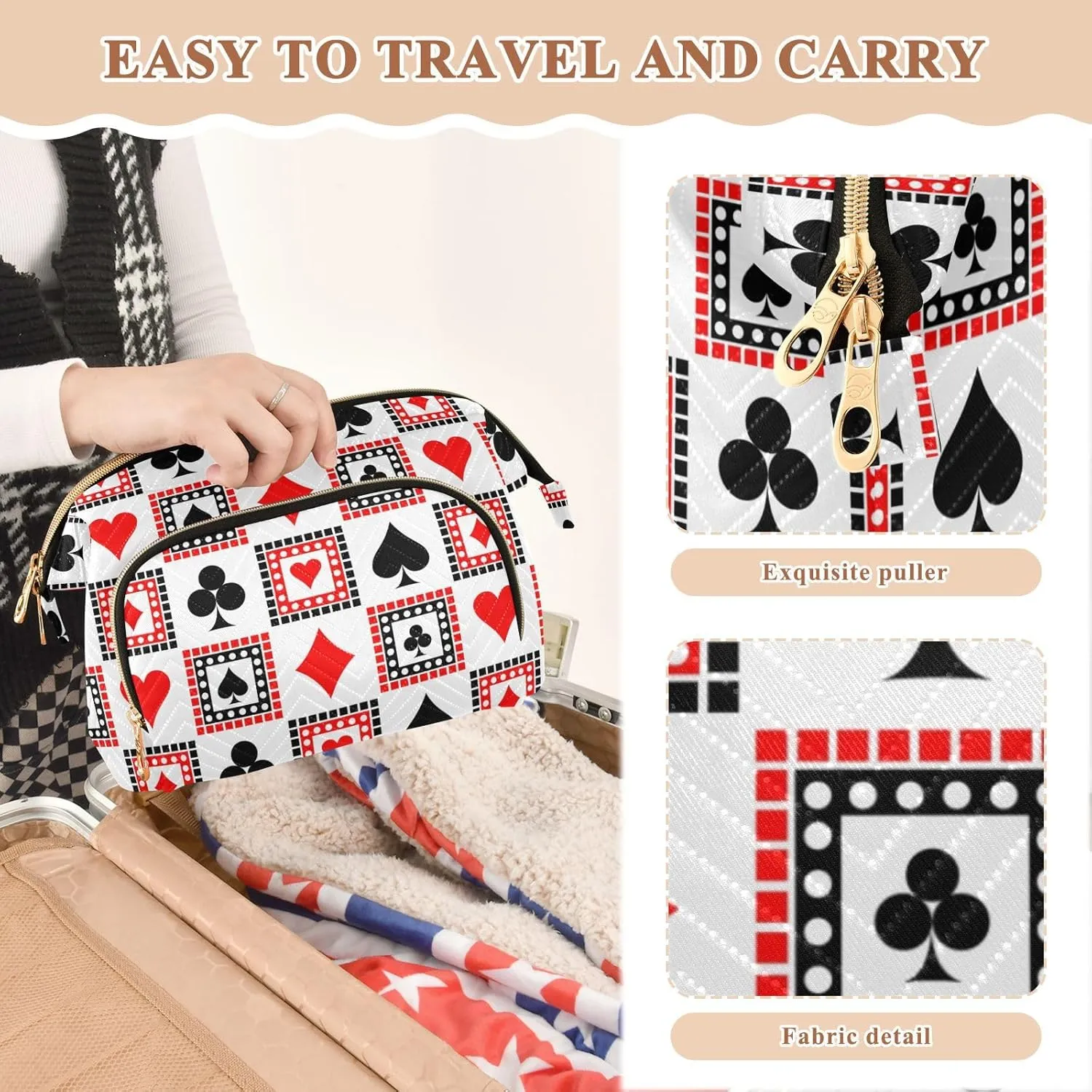 Playing Cards Bright Red Black White Symmetrical Geometric Women Cosmetic Bag Makeup Bag Stylish Trip Beauty Bag Travel Toiletry Bag with Bottle Organizer 10.2 x 5.9 x 6.7 inch