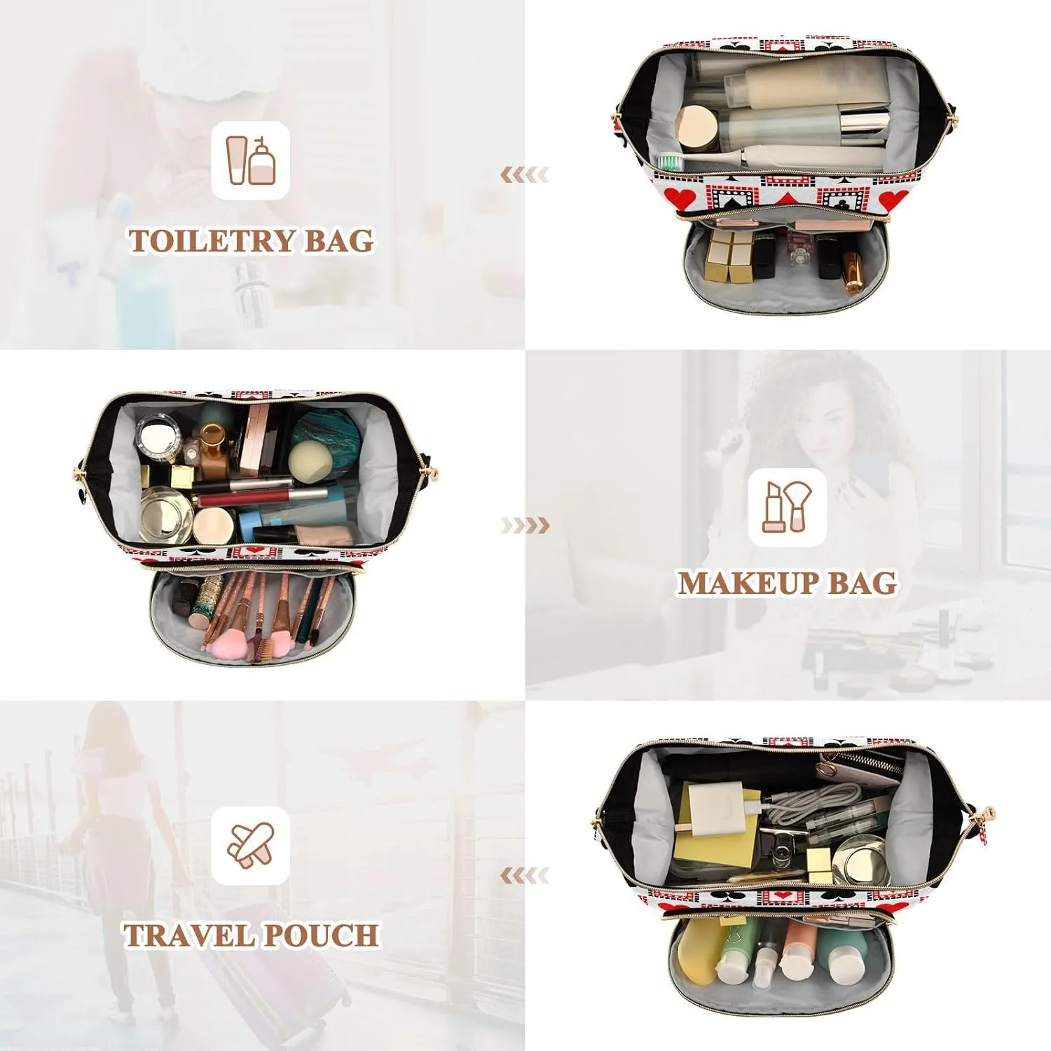 Playing Cards Bright Red Black White Symmetrical Geometric Women Cosmetic Bag Makeup Bag Stylish Trip Beauty Bag Travel Toiletry Bag with Bottle Organizer 10.2 x 5.9 x 6.7 inch
