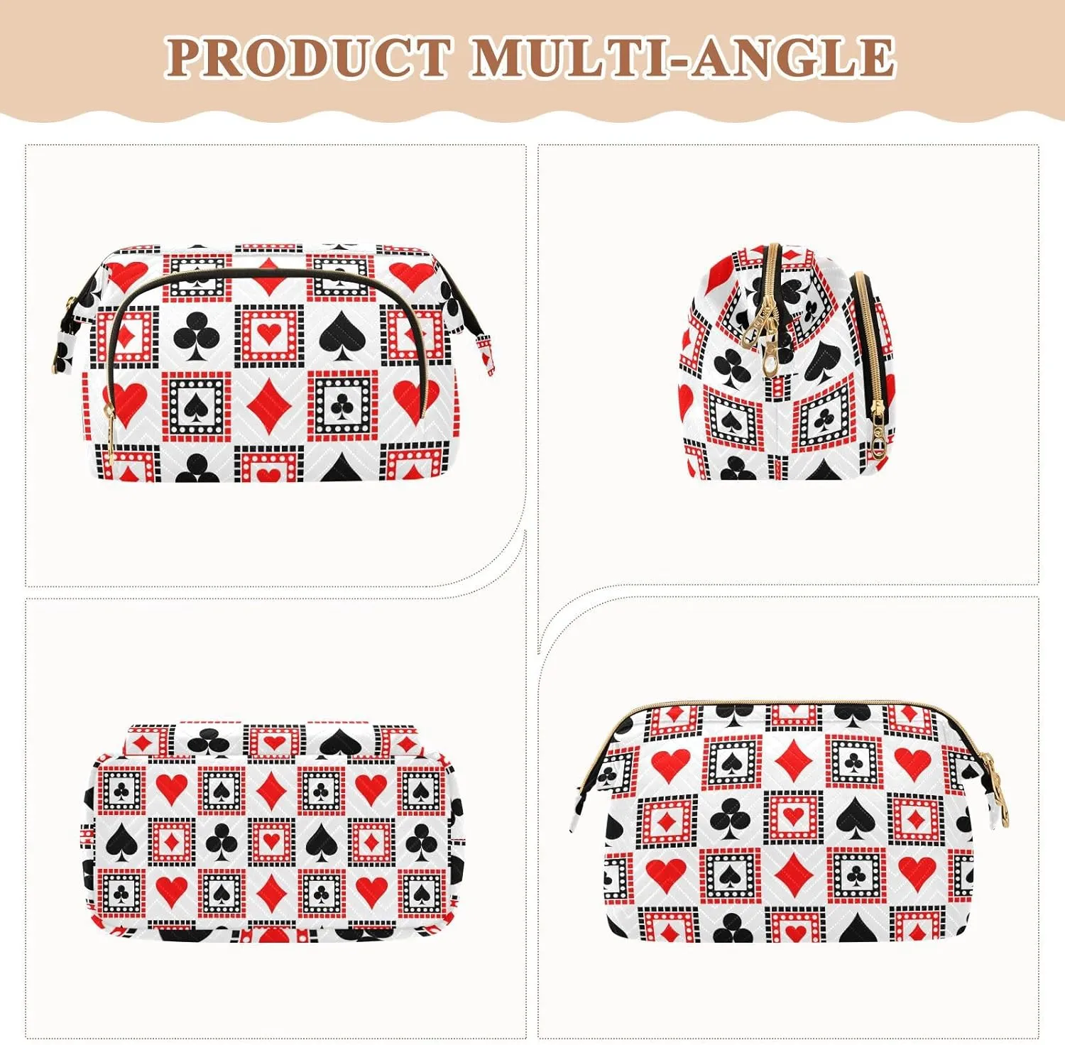 Playing Cards Bright Red Black White Symmetrical Geometric Women Cosmetic Bag Makeup Bag Stylish Trip Beauty Bag Travel Toiletry Bag with Bottle Organizer 10.2 x 5.9 x 6.7 inch
