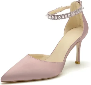 Pointed Toe Pearl Wedding Shoes for Bride White High Heels Satin Bridal Shoes Zipper Back Evening Party Dance Dresses Shoes Pumps for Women