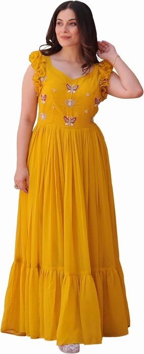Premium Designer Gown for Women | Faux Blooming Fabric | Embroidered Sequins Beads Work | V Neck | 3 Colors | Sizes M-XXL
