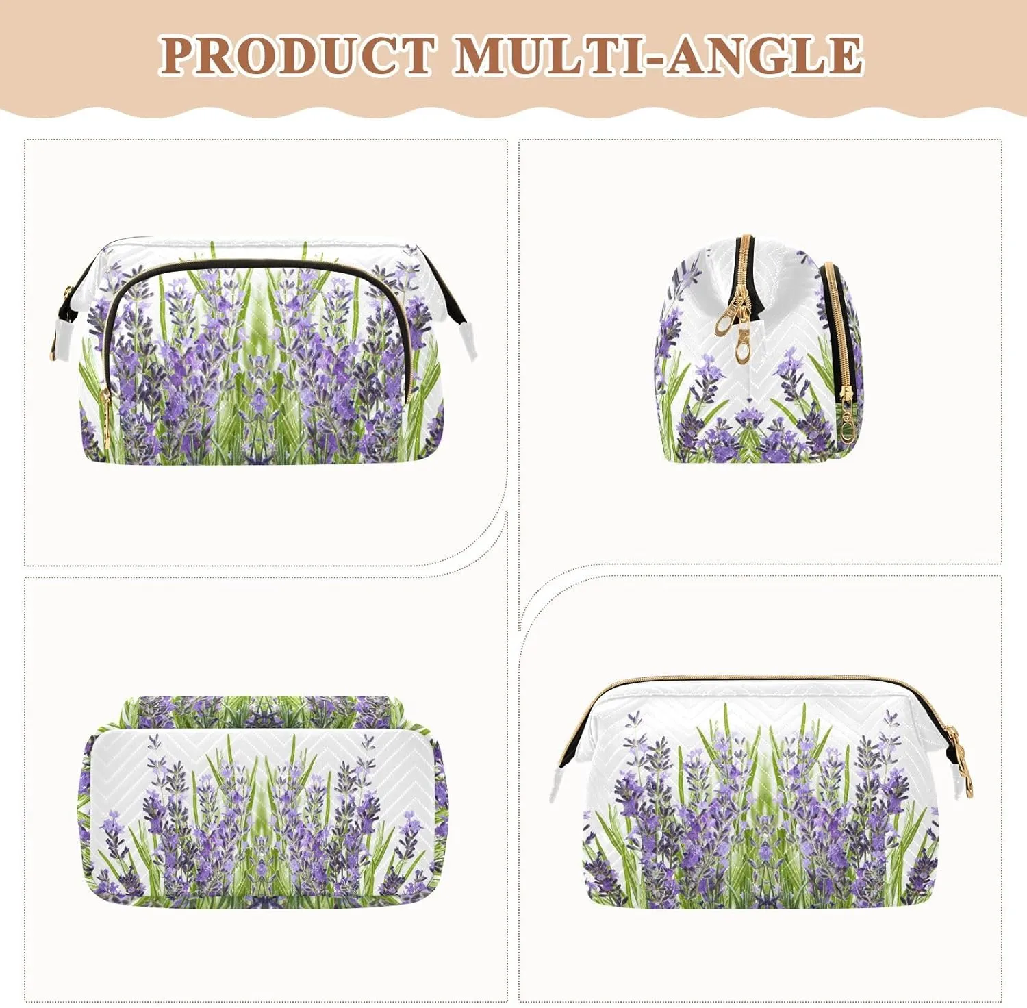 Purple Lavender Flowers with Green Leaves on White Background Women Cosmetic Bag Makeup Bag Stylish Trip Beauty Bag Travel Toiletry Bag with Bottle Organizer 10.2 x 5.9 x 6.7 inch