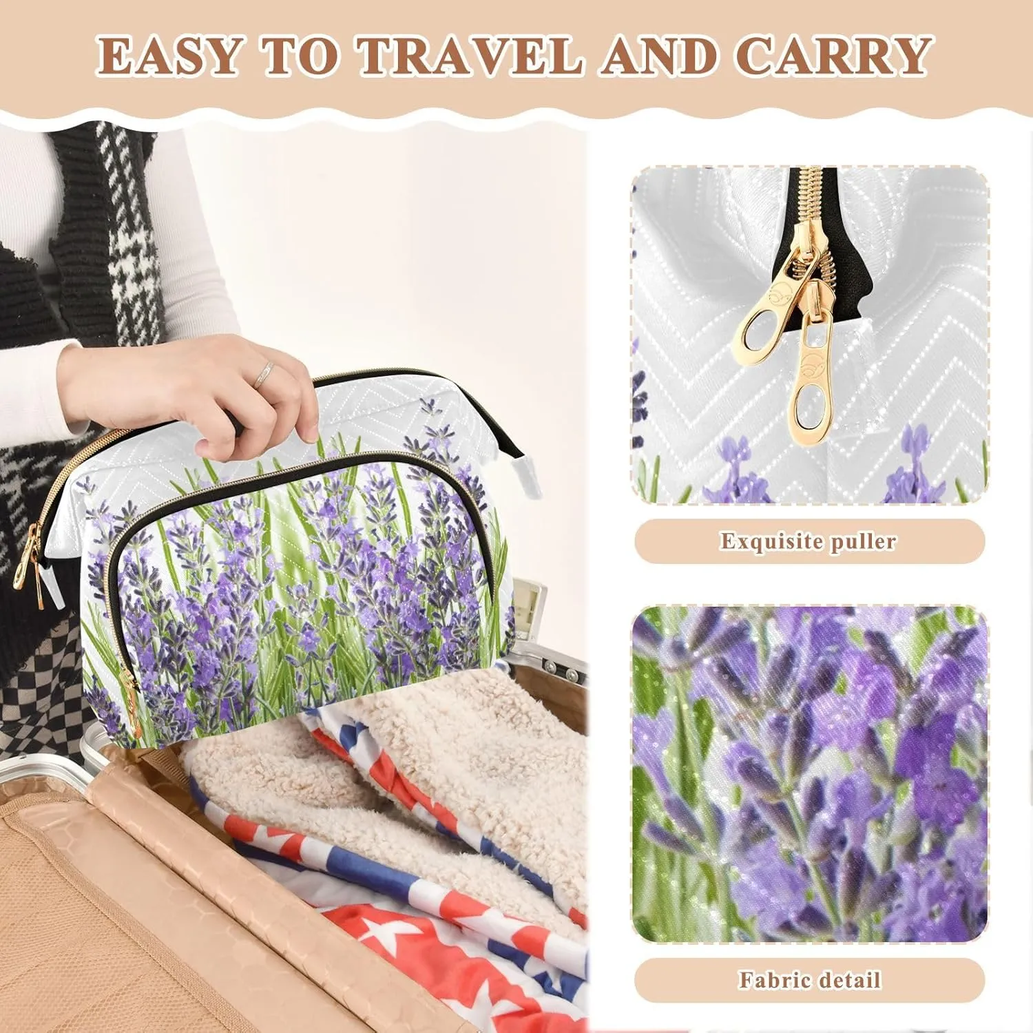 Purple Lavender Flowers with Green Leaves on White Background Women Cosmetic Bag Makeup Bag Stylish Trip Beauty Bag Travel Toiletry Bag with Bottle Organizer 10.2 x 5.9 x 6.7 inch