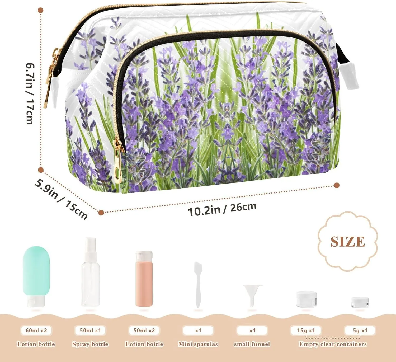 Purple Lavender Flowers with Green Leaves on White Background Women Cosmetic Bag Makeup Bag Stylish Trip Beauty Bag Travel Toiletry Bag with Bottle Organizer 10.2 x 5.9 x 6.7 inch