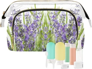 Purple Lavender Flowers with Green Leaves on White Background Women Cosmetic Bag Makeup Bag Stylish Trip Beauty Bag Travel Toiletry Bag with Bottle Organizer 10.2 x 5.9 x 6.7 inch
