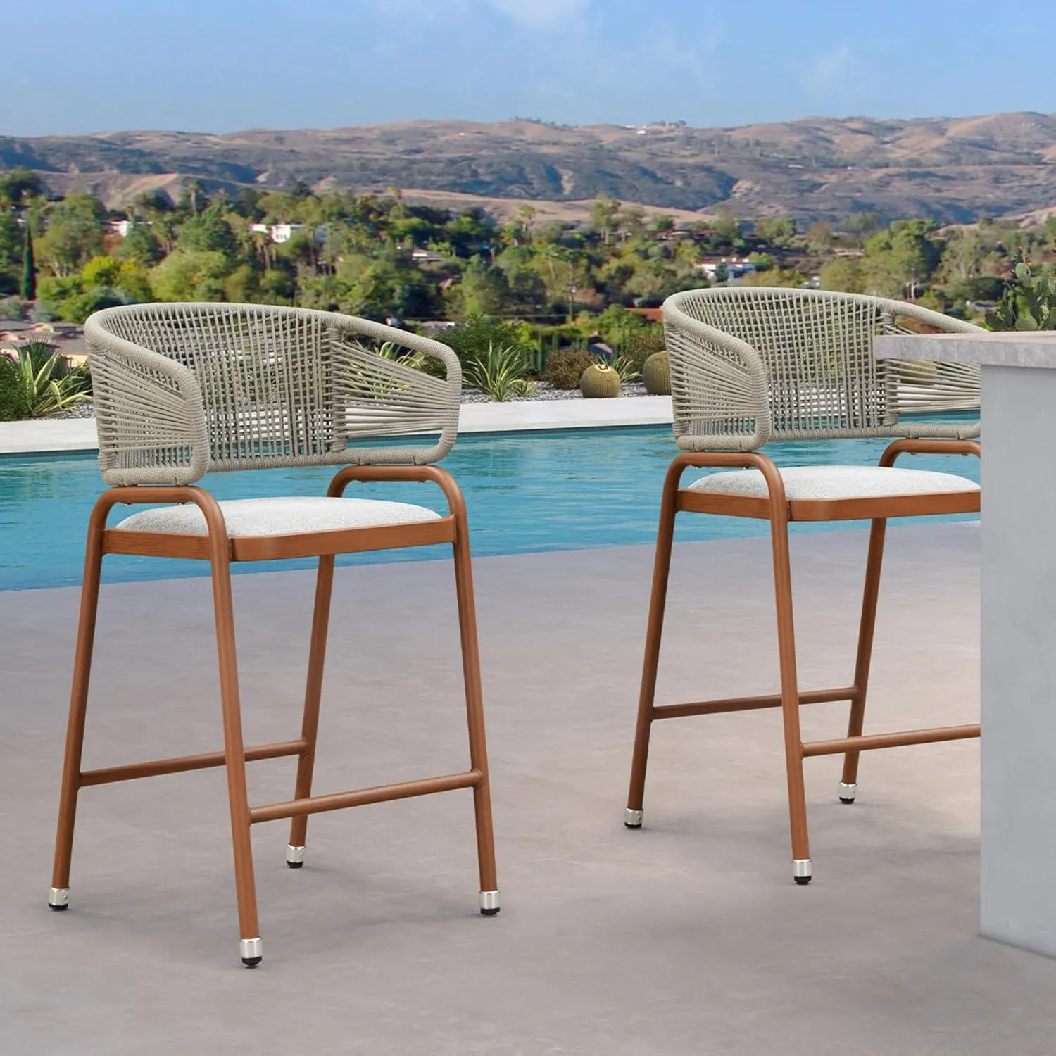 PURPLE LEAF Outdoor 26 Inch Rattan Counter Height Bar Stools Set of 2 Modern Patio Metal Wicker Aluminum Woven Counter Bar Chairs with Wraparound Back with Armrest for Kitchen Garden Indoor Teak