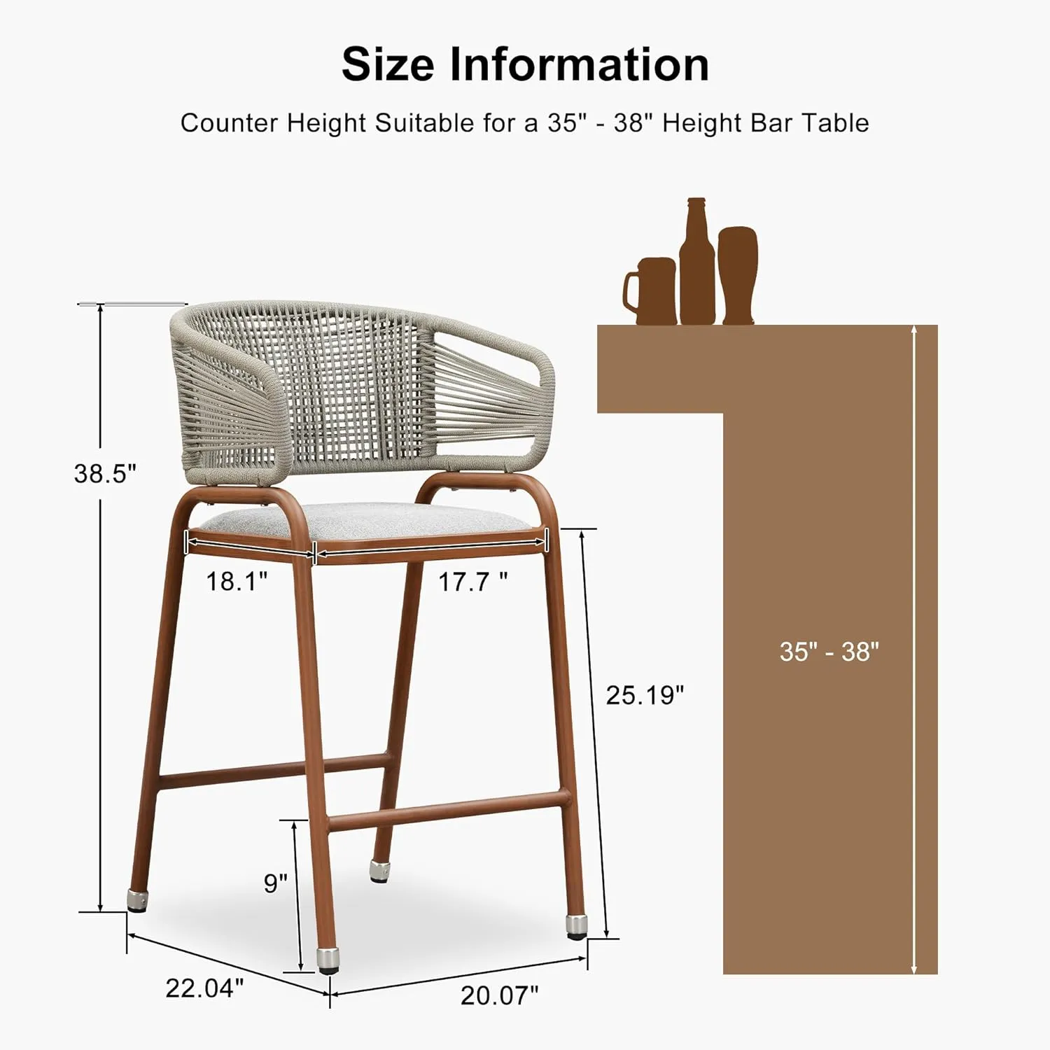 PURPLE LEAF Outdoor 26 Inch Rattan Counter Height Bar Stools Set of 2 Modern Patio Metal Wicker Aluminum Woven Counter Bar Chairs with Wraparound Back with Armrest for Kitchen Garden Indoor Teak