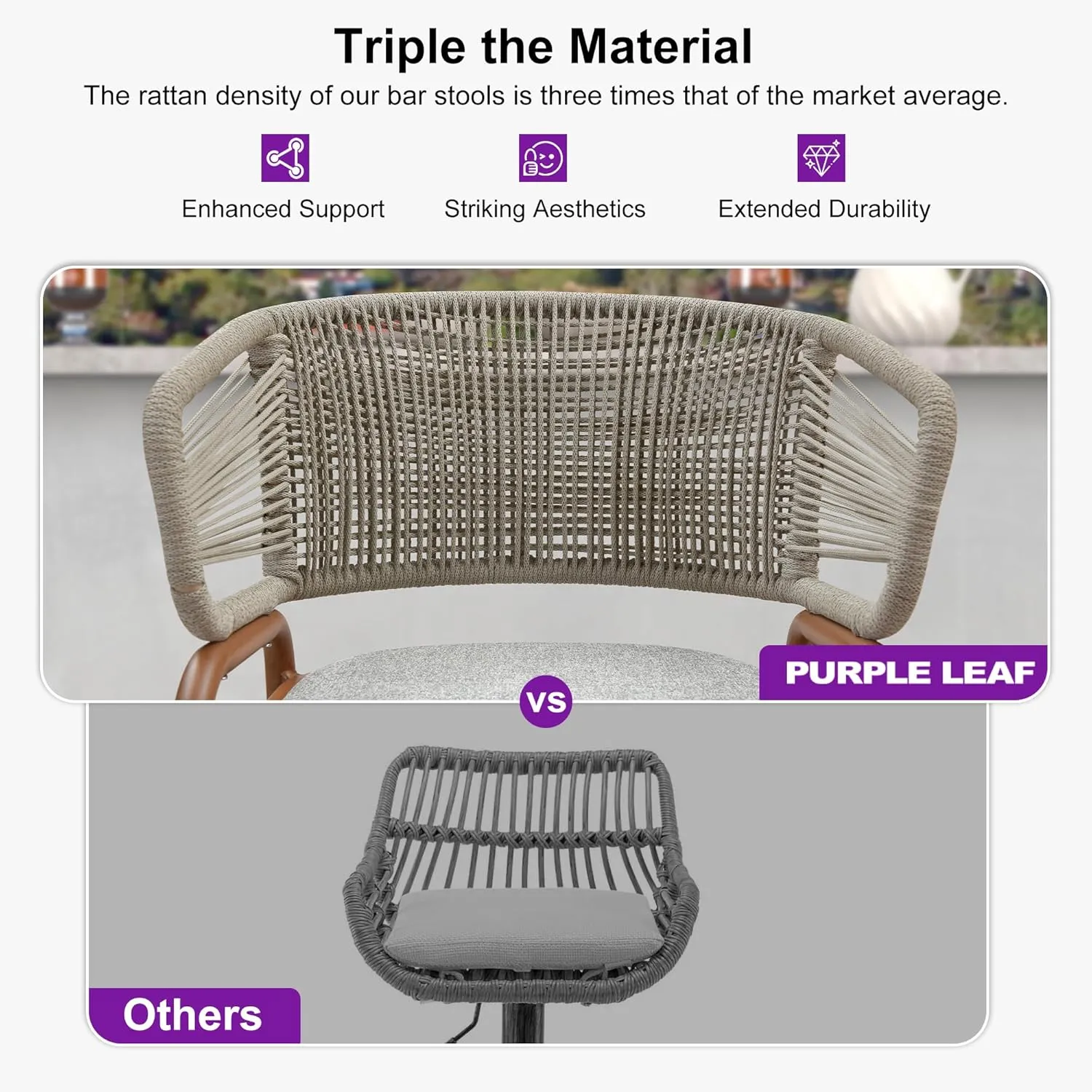 PURPLE LEAF Outdoor 26 Inch Rattan Counter Height Bar Stools Set of 2 Modern Patio Metal Wicker Aluminum Woven Counter Bar Chairs with Wraparound Back with Armrest for Kitchen Garden Indoor Teak