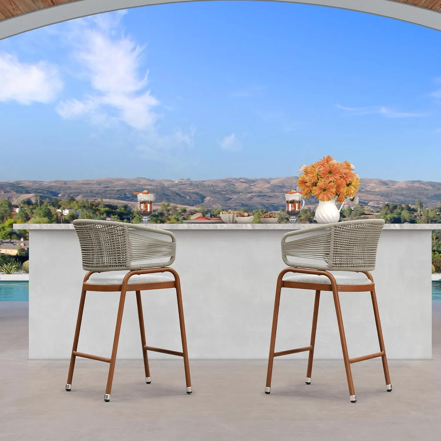 PURPLE LEAF Outdoor 26 Inch Rattan Counter Height Bar Stools Set of 2 Modern Patio Metal Wicker Aluminum Woven Counter Bar Chairs with Wraparound Back with Armrest for Kitchen Garden Indoor Teak