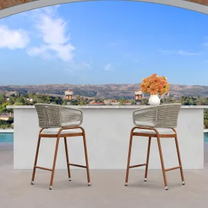 PURPLE LEAF Outdoor 26 Inch Rattan Counter Height Bar Stools Set of 2 Modern Patio Metal Wicker Aluminum Woven Counter Bar Chairs with Wraparound Back with Armrest for Kitchen Garden Indoor Teak