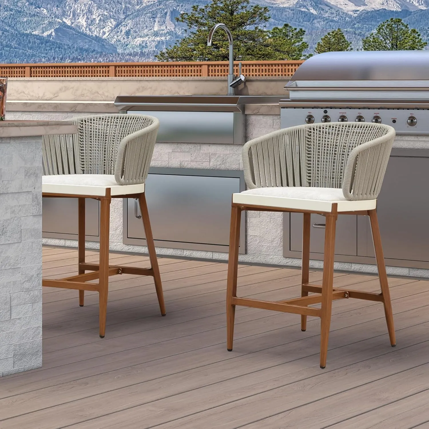 PURPLE LEAF Outdoor Rattan Counter Height Bar Stools Set of 2 Modern Patio Aluminum Woven Counter Chairs with Wicker Wraparound Back with Armrest for Kitchen Indoor Teak